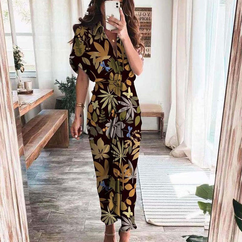 Thumbnail: Short Sleeve Solid V Neck Beach Maxi Dress Women Summer Elegant 