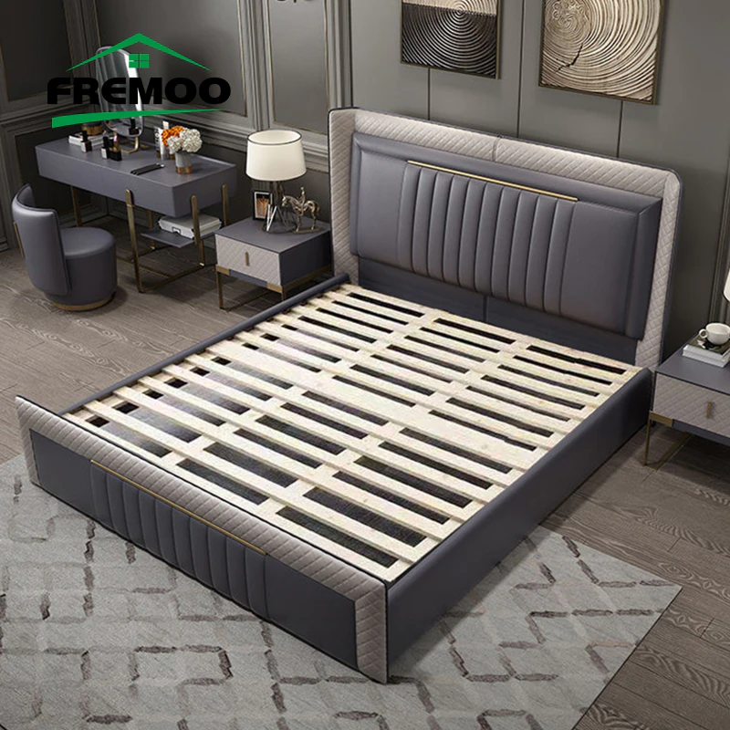 Thumbnail: Nordic Light Luxury Leather Bed Master Bedroom 1.8m Double Bed Solid Wood Frame 