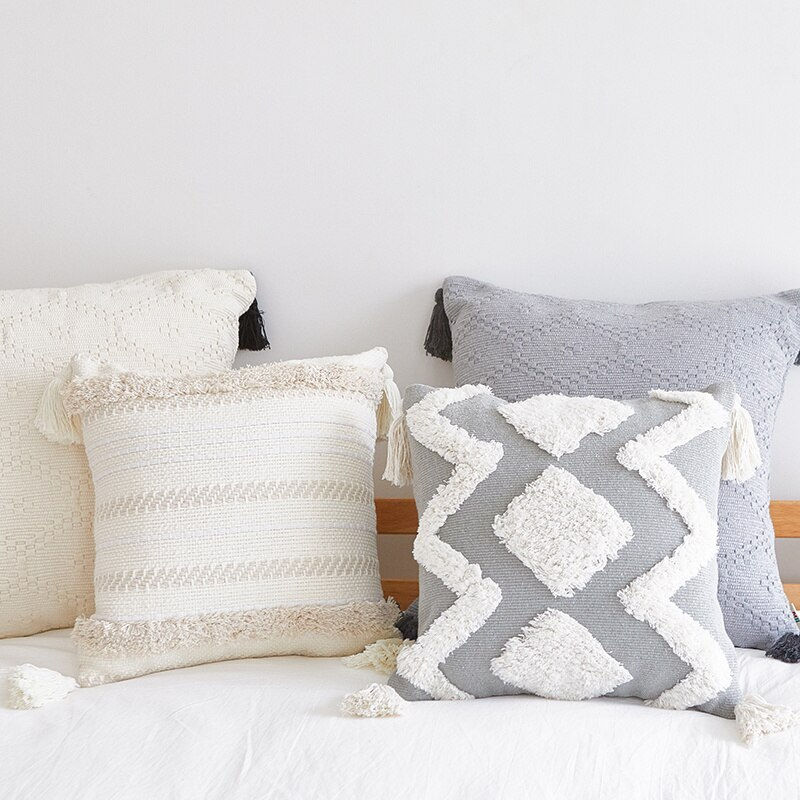 Thumbnail: Cotton Tassel Stitching Color Pillow Case Home Decor Cushion Pillow Cover 