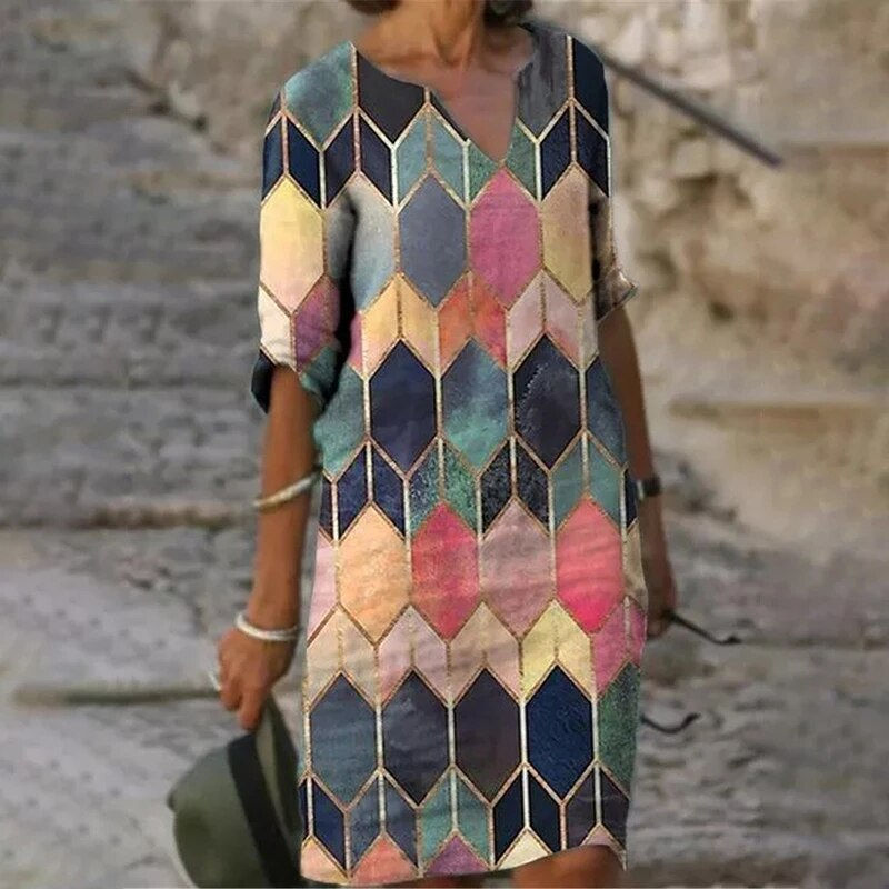 Thumbnail: Women Elegant Geometric Print Midi Half Sleeve V Neck Dress A-line Beach Dress