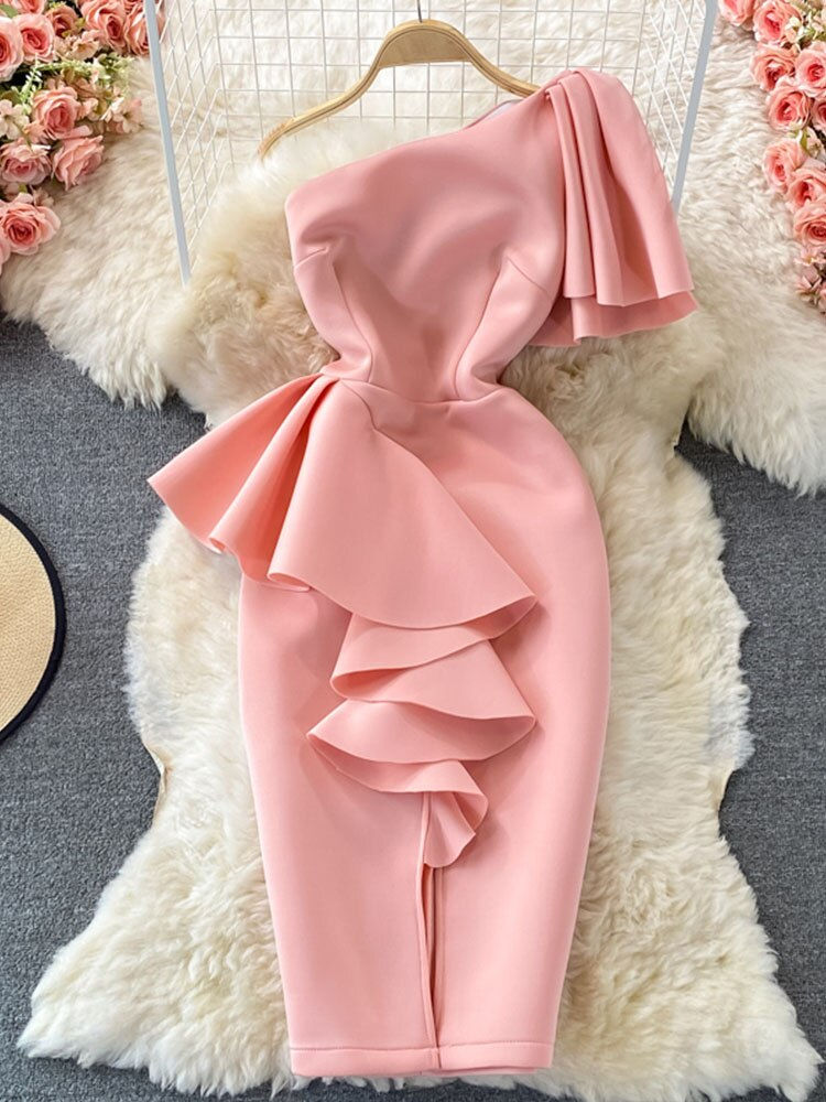 Thumbnail: Elegant Dresses for Women One Shoulder Ruffle Dance Party Long Prom Dress
