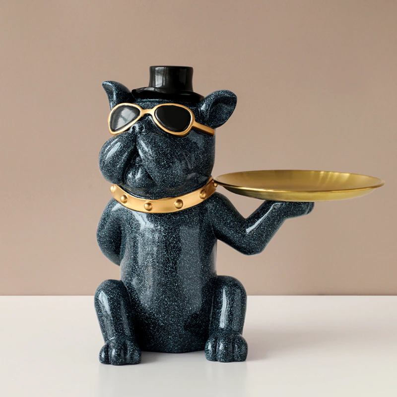 Thumbnail: Green Bulldog with Metal Tray Table décor Resin Dog statue home decoration 