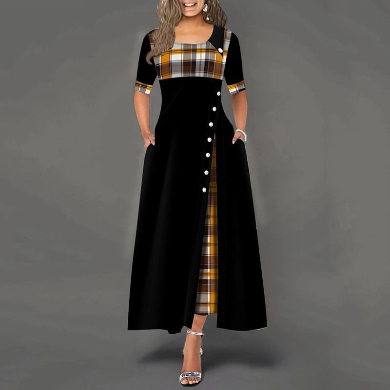 Women Plaid Print Midi Dress Elegant Half Sleeve Patchwork Irregular Dresses