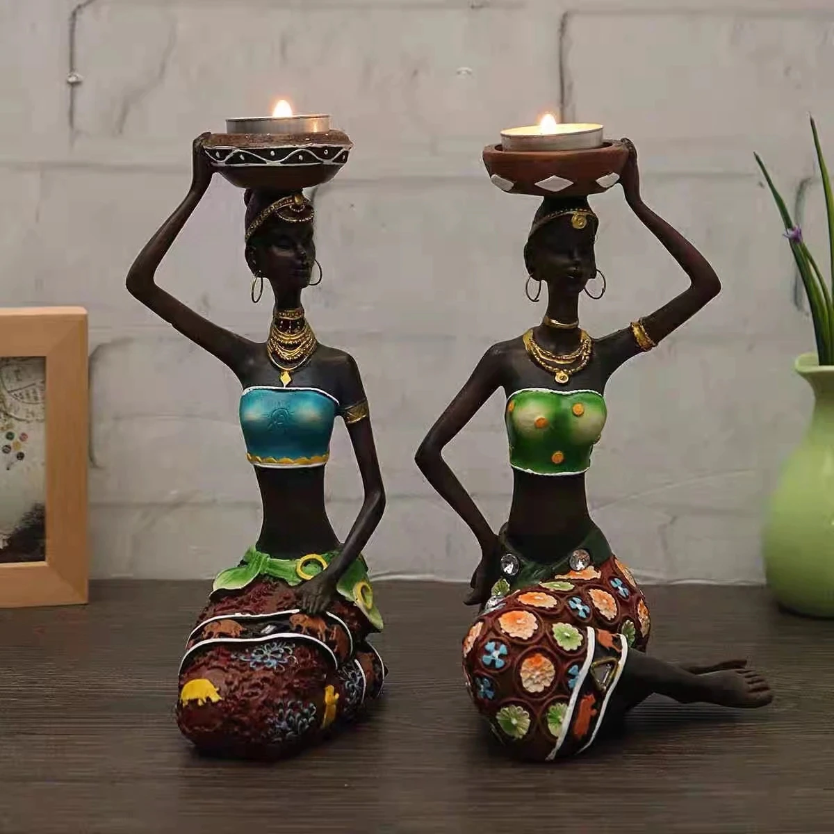 2Pcs African Women Figurines Candle Holders Living Room Decoration Craft