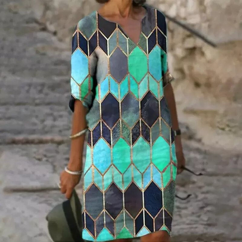 Thumbnail: Women Elegant Geometric Print Midi Half Sleeve V Neck Dress A-line Beach Dress