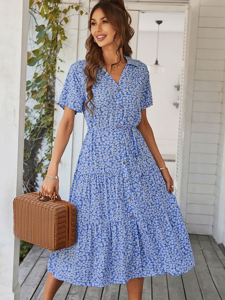 Thumbnail: Ladies Vintage Boho Floral Print Summer Dress 