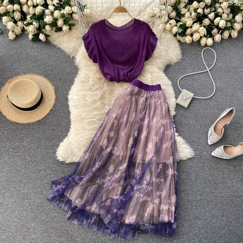 Casual Two Piece Set Women Butterfly Sleeve Knitted Sweater Pullover 