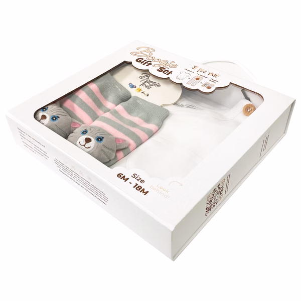 Gray/Pink Cat, 3-Pc Boogie Toes, Tight & Tee Baby Premium Gift Set - Image 3