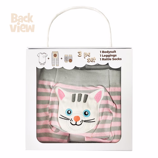 Gray/Pink Cat, 3-Pc Boogie Toes, Tight & Tee Baby Premium Gift Set - Image 6