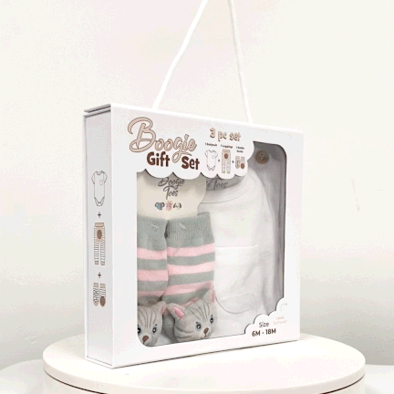 Gray/Pink Cat, 3-Pc Boogie Toes, Tight & Tee Baby Premium Gift Set - Image 2