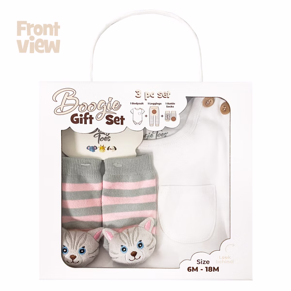 Gray/Pink Cat, 3-Pc Boogie Toes, Tight & Tee Baby Premium Gift Set - Image 5