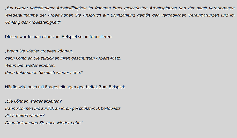 Text über Arbeitsfähigkeit und Wiedereinstieg in den Job. Enthält umformulierte Beispiele und häufige Fragen. Schwarzer Text auf grauem Hintergrund.