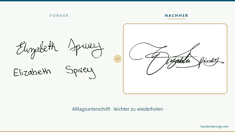 Unterschrift vorher und nachher: eine gleichmäßigere Alltagsunterschrift, die sich leichter wiederholen lässt
