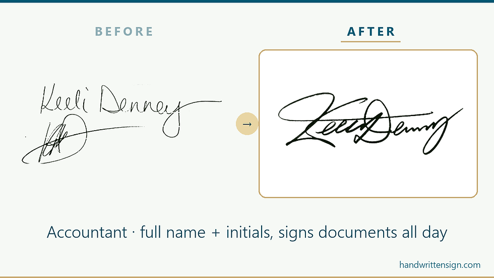 Before and after signature for an accountant who signs documents daily, full name plus initials