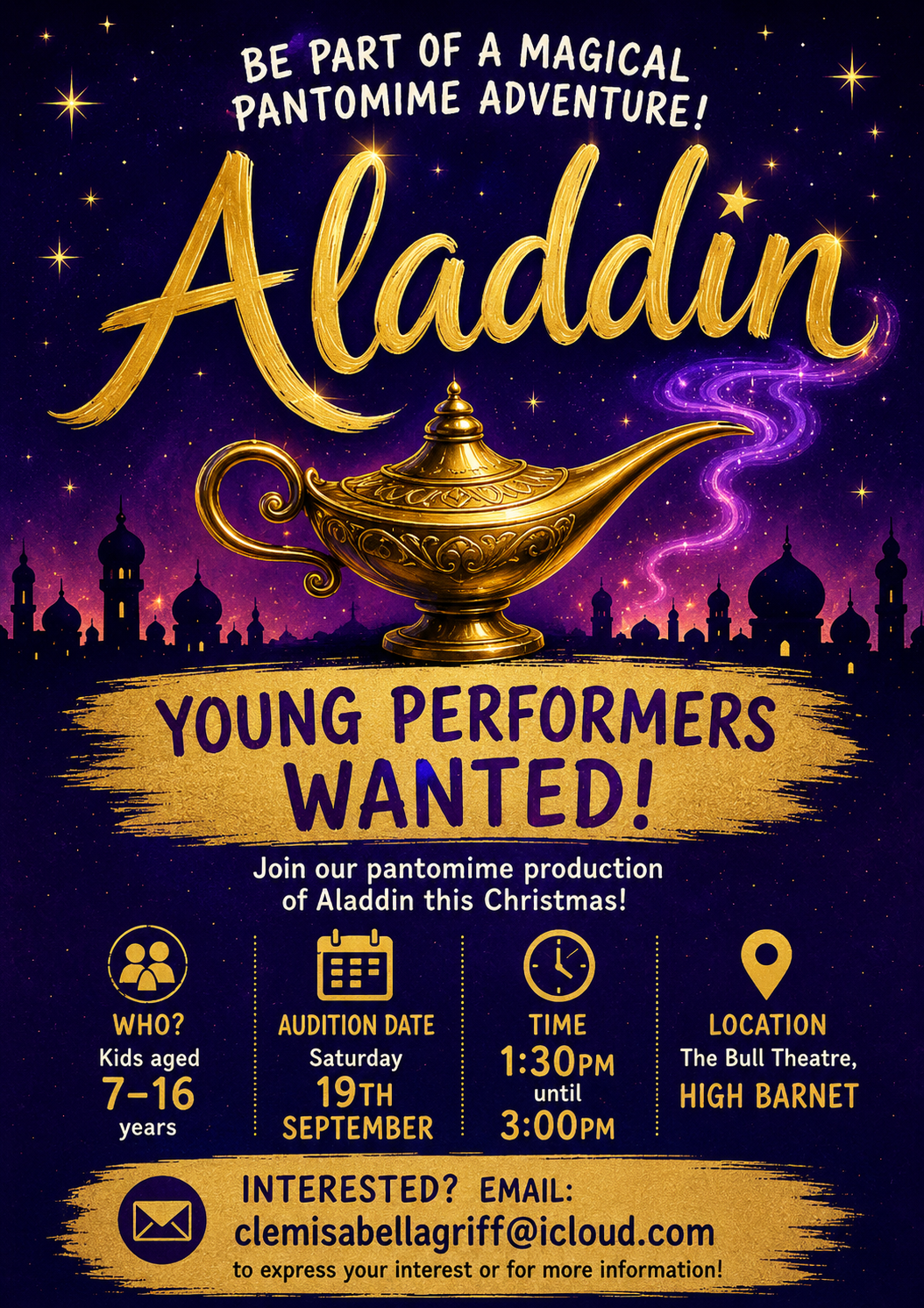 Aladdin - Young Performers Auditions at The Bull Theatre