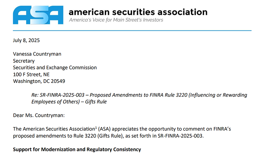 ASA Releases Comments on FINRA's Gift Rule   