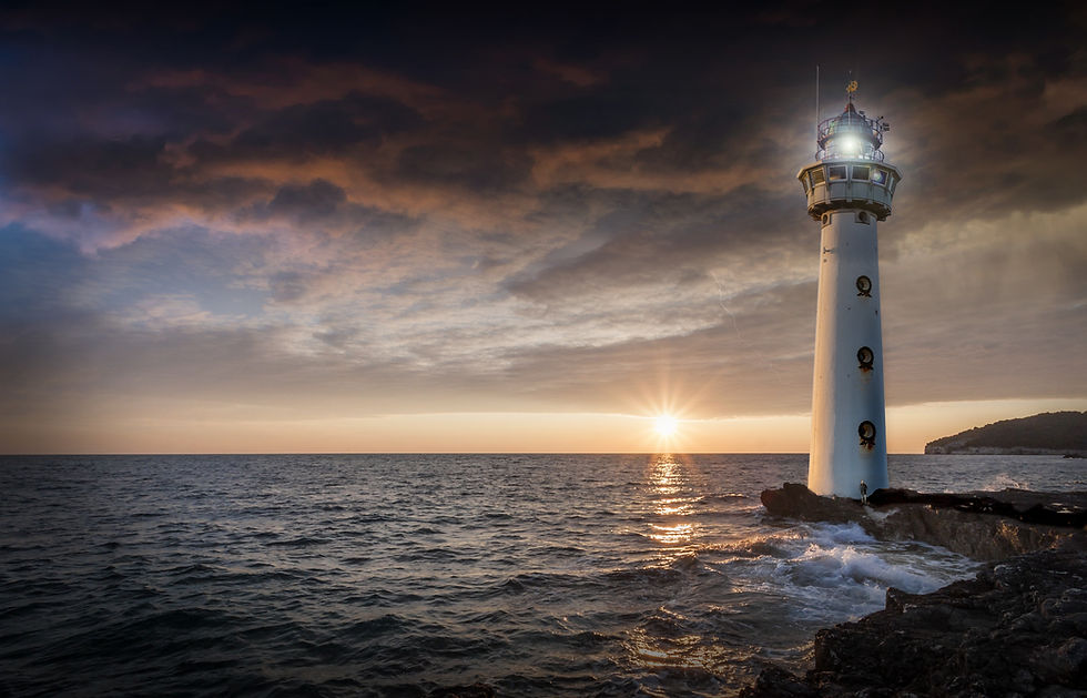 Welcome image for Leadership in Practice including a sunset above the sea with a lighthouse