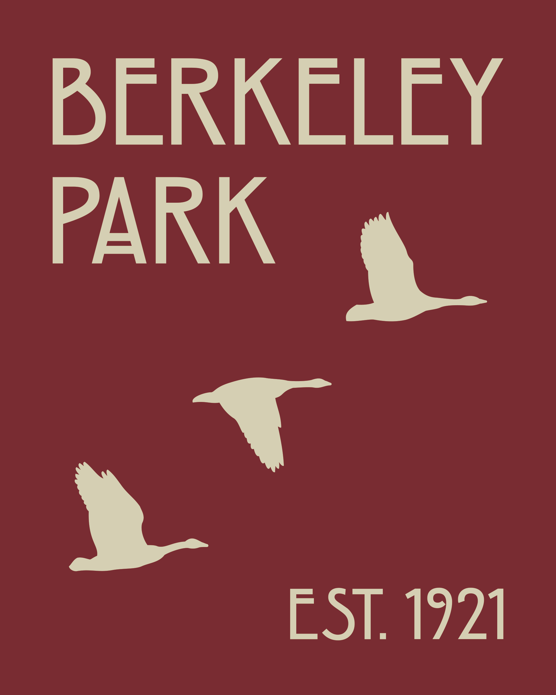 Maroon Flag that reads Berkeley Park Est. 1921 with three geese flying vertically, SW to NE, in the middle.