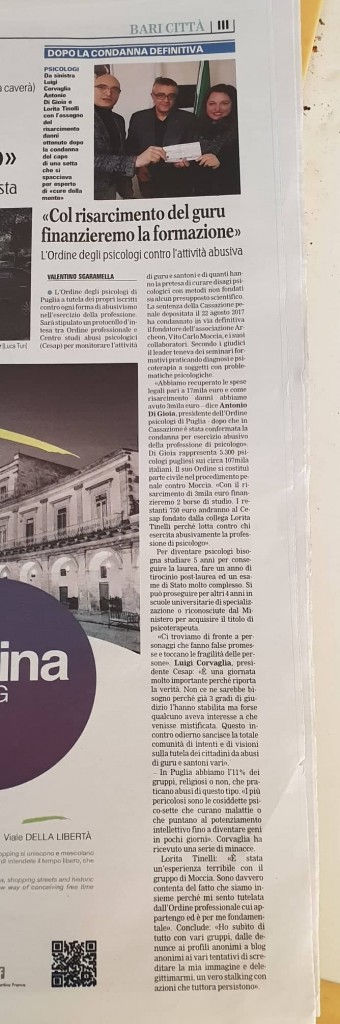 L’Ordine degli Psicologi Puglia premia il CeSAP con contributo del processo Arkeon