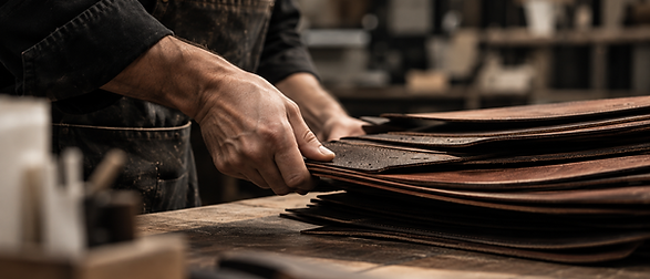 Craftsperson cutting stacked leather for durable belt production