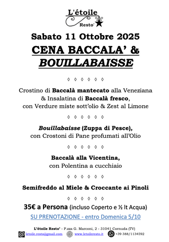 Un viaggio tra profumi mediterranei e tradizione veneta: dalla zuppa di pesce provenzale al baccalà alla Vicentina, per una cena che unisce mare e terra in perfetto equilibrio. Un appuntamento da veri buongustai.