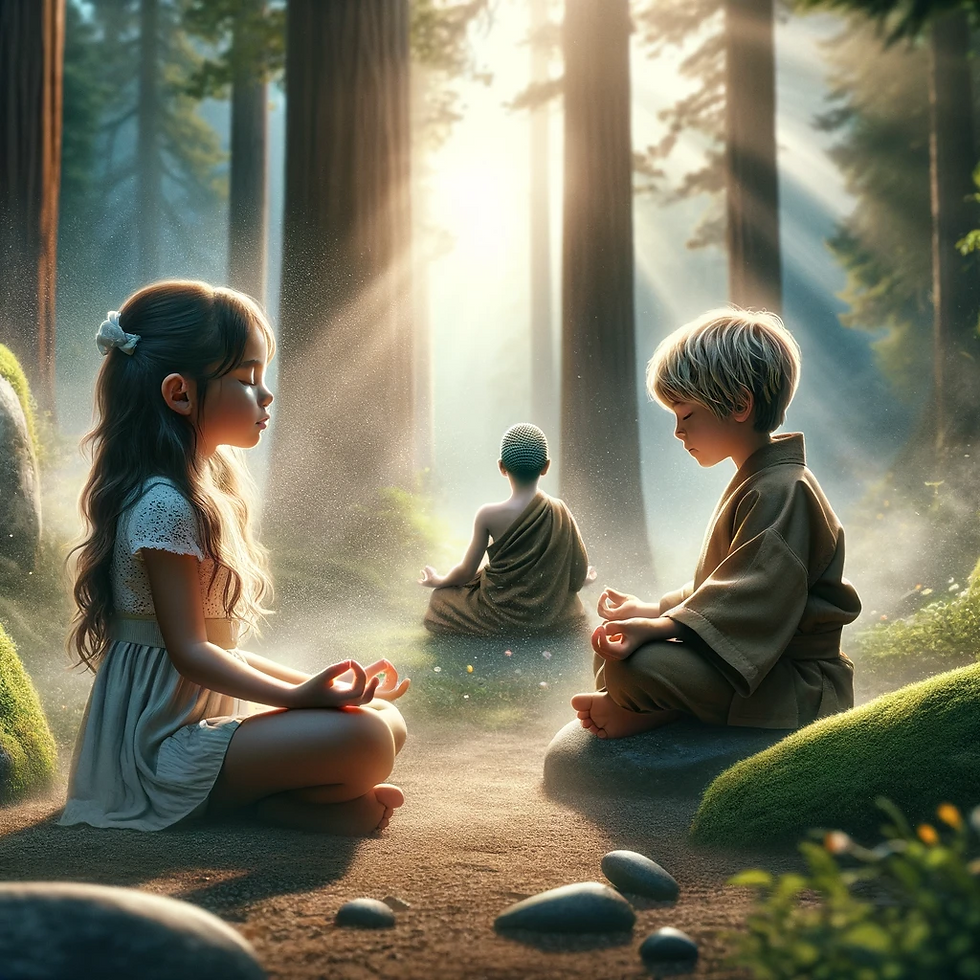 Trois enfants en méditation dans une forêt ensoleillée, capturant la tranquillité. Cette image paisible illustre l'impact de la méditation sur la jeunesse, invitant à la sérénité et à la croissance spirituelle dès le plus jeune âge.