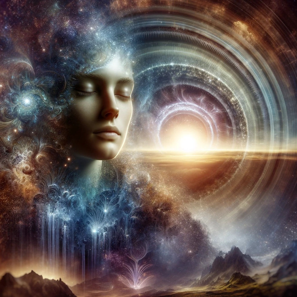 Une femme en méditation profonde sur un concept, entourée par la nature, symbolisant l'impermanence et la compassion. Sa concentration intense et son ouverture aux idées profondes illustrent son voyage intérieur vers la compréhension des vérités universelles.