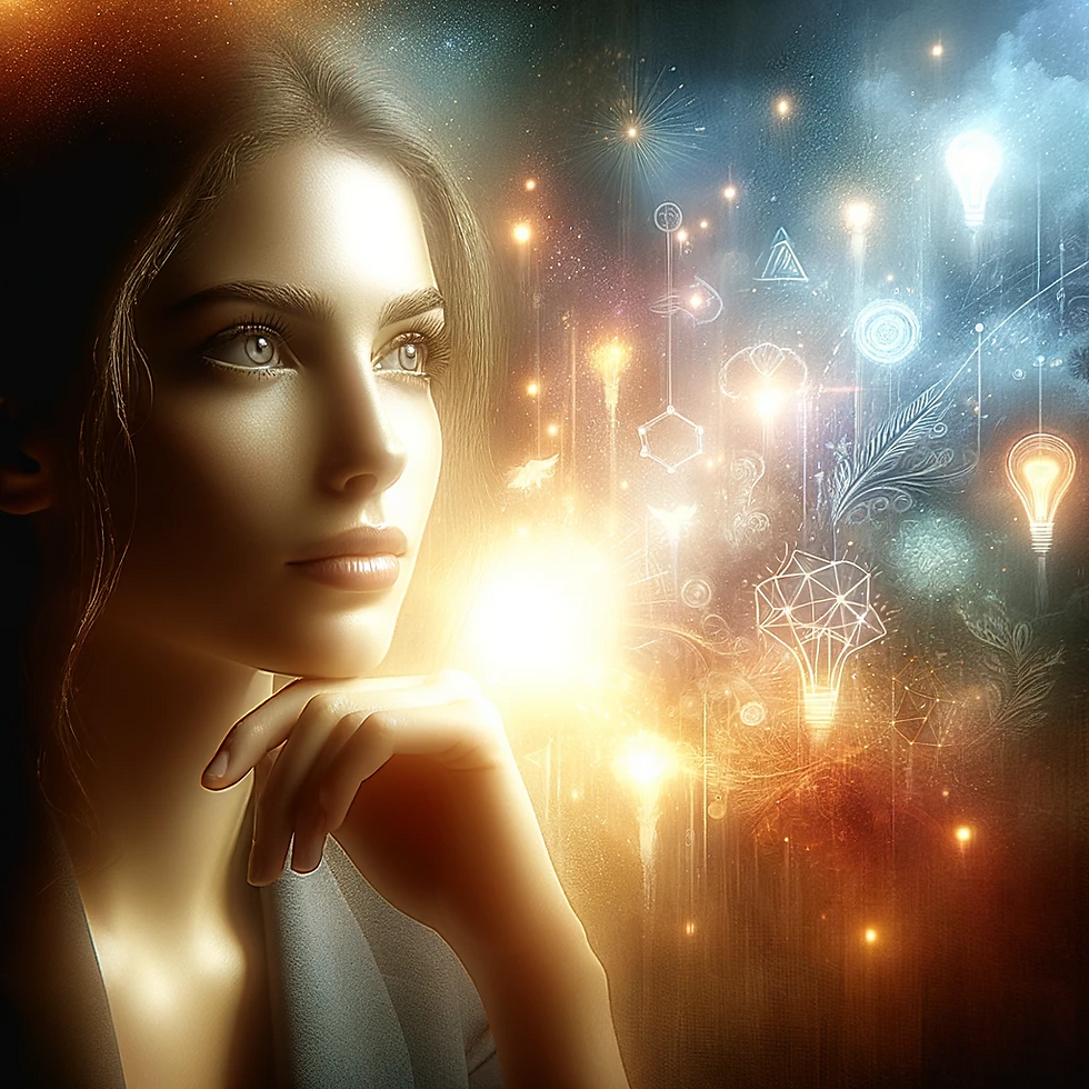 Image ultra-réaliste d'une femme rêveuse baignée d'une lumière douce et chaleureuse, renforçant son expression d'espoir et de détermination. Elle est plongée dans un état de contemplation, entourée de symboles évoquant ses ambitions et ses rêves. L'augmentation de la luminosité dans l'image souligne une atmosphère d'inspiration et de possibilités, et met en évidence la clarté et la chaleur de son environnement, symbolisant un avenir radieux et plein de promesses.