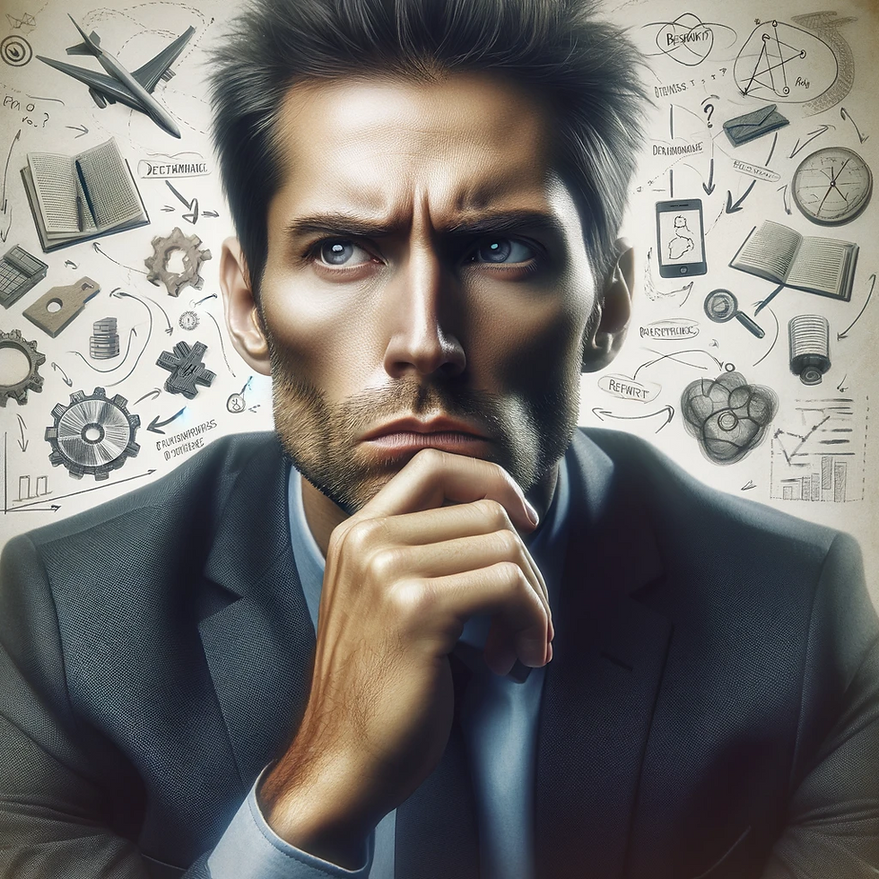 Cette image montre un homme en profonde introspection, piégé dans la routine. Son visage exprime sérieusement la réflexion et la remise en question de ses choix de vie. L'arrière-plan, parsemé de notes griffonnées et de diagrammes, symbolise son analyse des habitudes et la redéfinition de ses objectifs et aspirations. C'est un moment décisif dans sa quête pour briser le cycle du report, illustrant l'importance de l'introspection pour se libérer des entraves de la routine et poursuivre ses rêves.