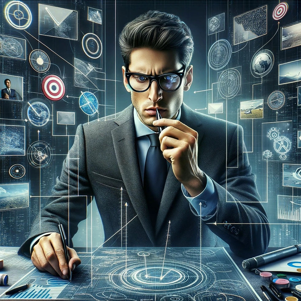 Cette image montre un homme en pleine séance de planification, concentré sur la segmentation de son grand rêve en objectifs intermédiaires plus petits et réalisables. Dans son espace de travail organisé, on aperçoit des outils de planification tels que des graphiques et des listes de tâches, ainsi que des prototypes ou des ébauches de son projet. Son expression sérieuse capture la stratégie et l'engagement nécessaires pour transformer une vision ambitieuse en un ensemble d'actions concrètes, soulignant l'importance de la planification minutieuse dans la réalisation des objectifs à long terme.