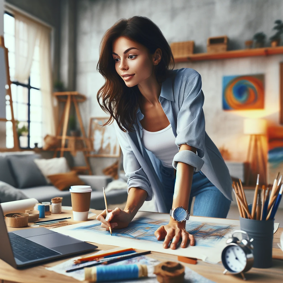 Cette image capture une femme utilisant de manière optimale les moments précieux trouvés dans sa routine chargée pour se consacrer à ses passions. Tôt le matin ou pendant sa pause déjeuner, elle se plonge avec concentration et satisfaction dans son projet personnel, que ce soit la rédaction d'un manuscrit, la peinture sur une toile, ou la pratique d'un instrument de musique. L'arrière-plan dépeint un espace calme et inspirant, soulignant la joie et la gratification qu'elle ressent en progressant vers la réalisation de ses objectifs personnels, malgré les défis d'un emploi à temps plein.