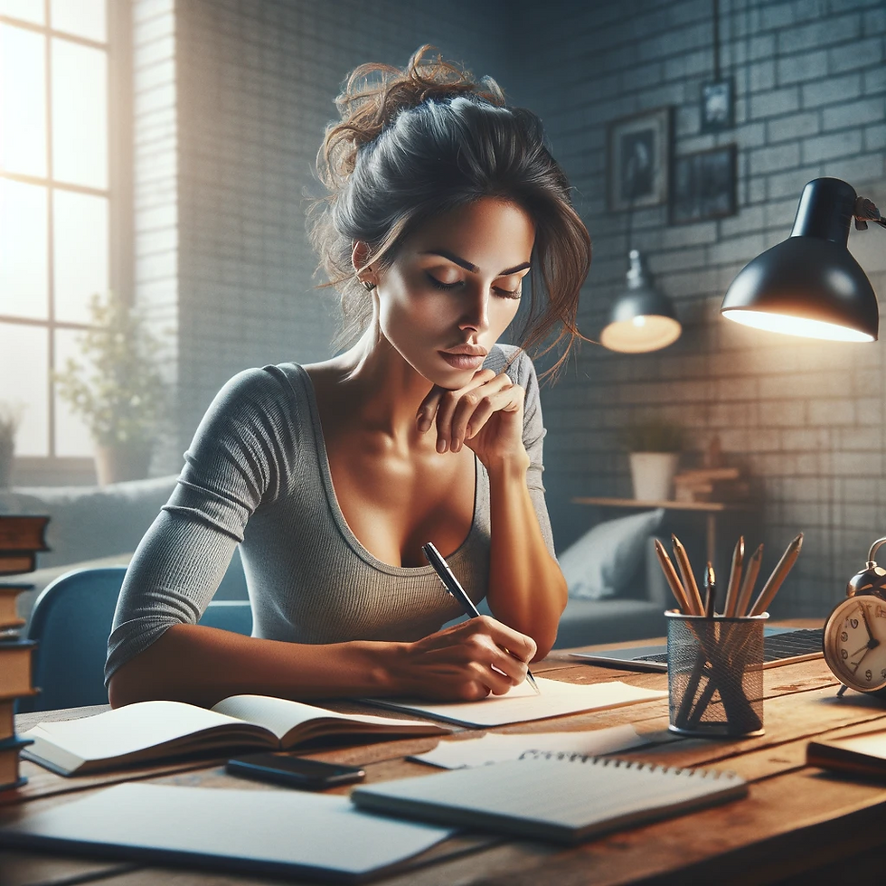 Cette image montre une femme en pleine séance d'écriture matinale, concentrée et passionnée par son projet personnel. Son espace de travail, baigné de lumière douce, est aménagé pour encourager la créativité et l'innovation, avec des éléments inspirants à portée de main. L'expression de la femme capte parfaitement son engagement et sa détermination à avancer vers la réalisation de ses rêves, illustrant l'importance d'intégrer des moments spécifiques dédiés à ces objectifs dans le quotidien.