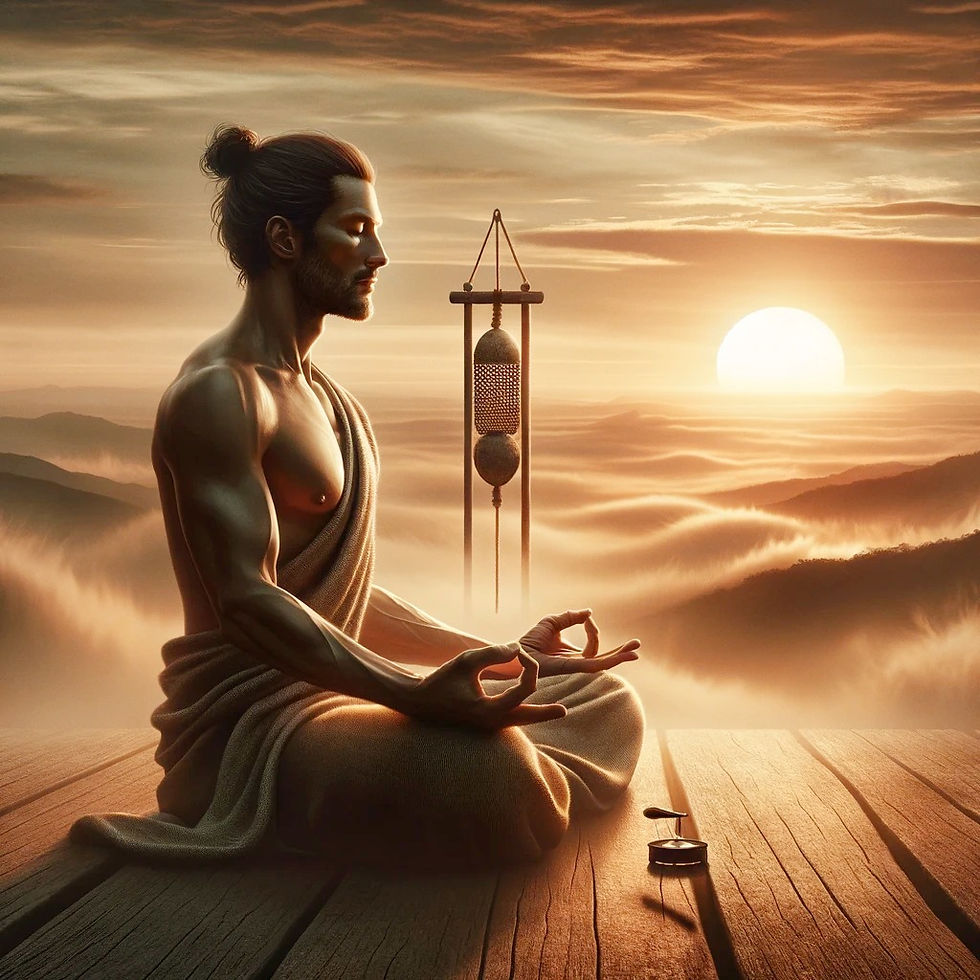 Un homme en méditation profonde, détendu et serein, dans un cadre zen avec un sablier à ses côtés, symbolisant le passage du temps. Le lever ou coucher de soleil en arrière-plan enrichit la scène de tranquillité et de beauté, illustrant l'harmonie entre la pratique méditative et le rythme naturel de la vie.