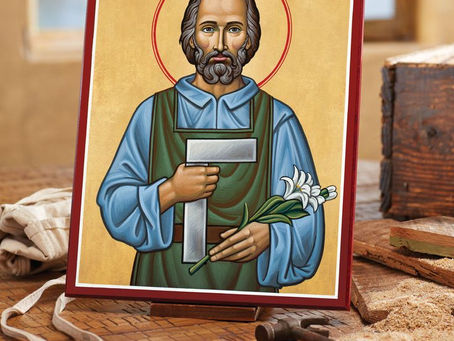 Image of St. Joseph holding a lily and a carpenter tool. Image from Monastery Icons Pinterest