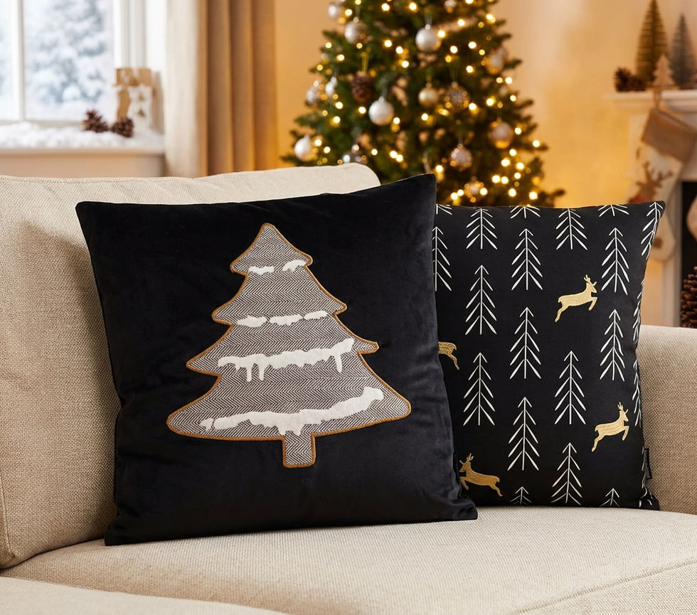 Black Christmas tree cushions with festive embroidered holiday design