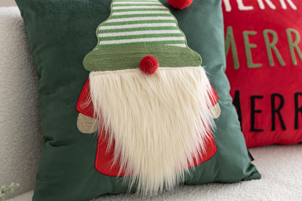 Green Christmas gnome cushion with festive embroidered holiday decoration