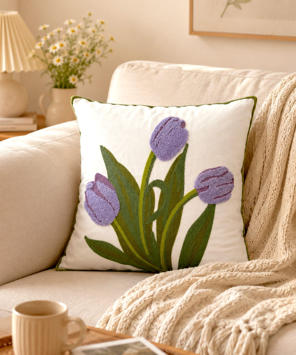 Wholesale purple tulip embroidered cushion cover on sofa