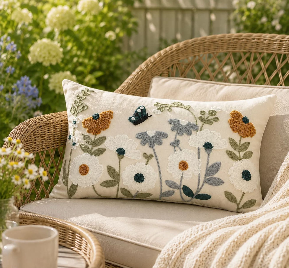 Botanical embroidered lumbar cushion cover with wildflower design