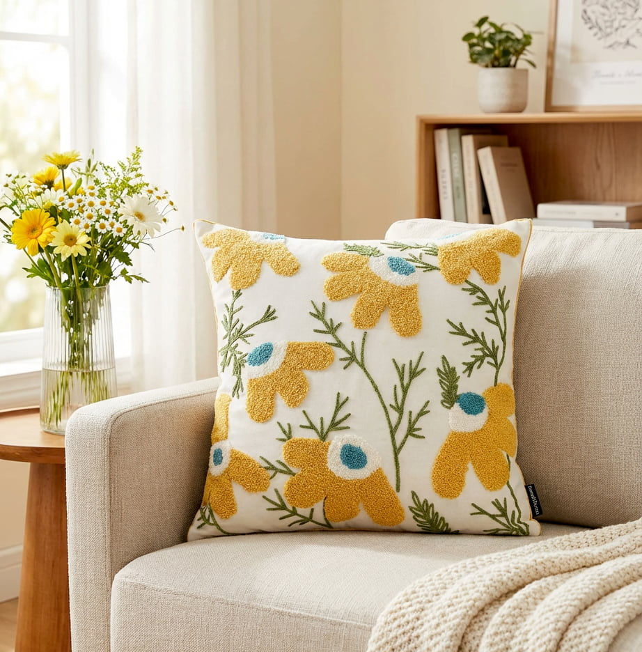 Wholesale yellow floral embroidered cushion cover on beige sofa