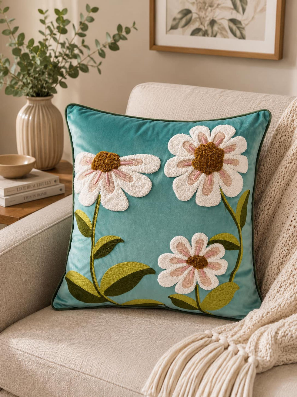 Wholesale blue daisy embroidered cushion cover with large flower design