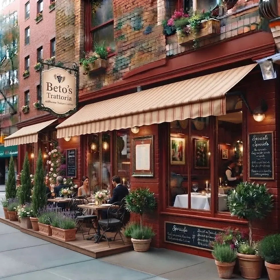 Exterior photography of a charming Italian trattoria with inviting outdoor seating. The warm ambiance suggests an intimate dining experience on a city street.