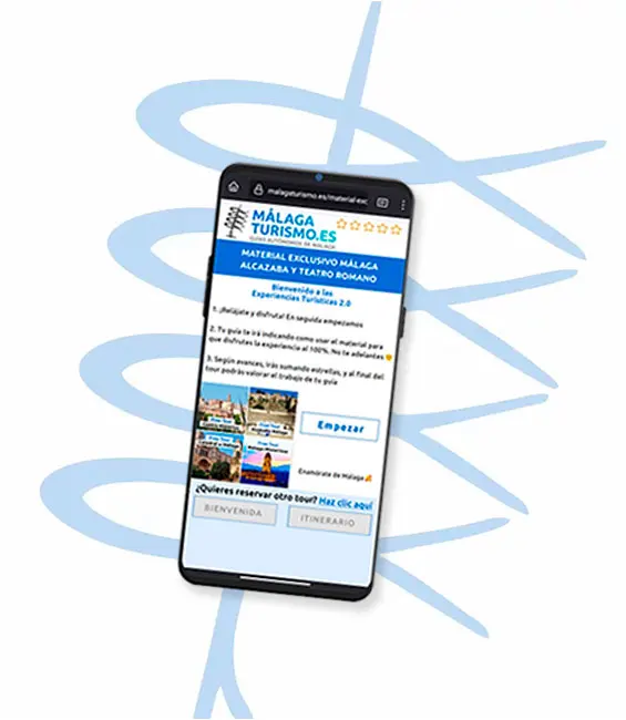 Teléfono móvil mostrando en su pantalla el material extra ofrecido al visitante durante las visitas guiadas a Málaga, sobre el espeto de la imagen corporativa de MálagaTurismo.es