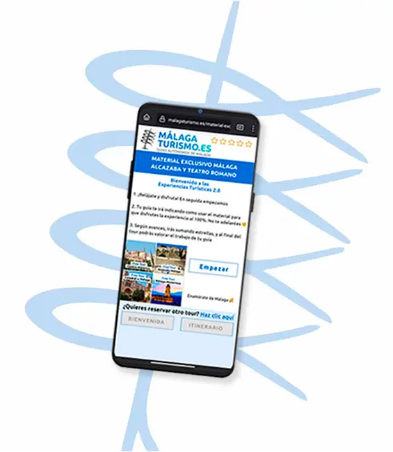 Teléfono móvil mostrando en su pantalla el material extra ofrecido al visitante durante las visitas guiadas a Málaga, sobre el espeto de la imagen corporativa  de MálagaTurismo.es