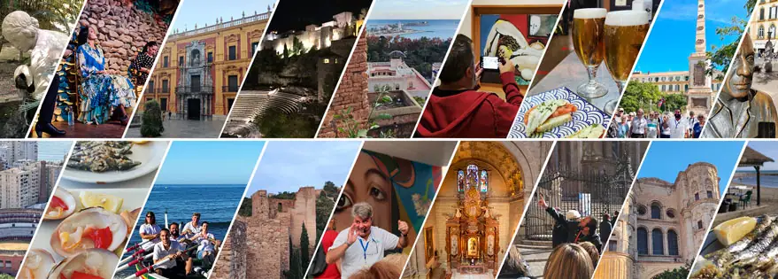Collage de fotos con las diferentes actividades y visitas guiadas que puedes realizar en Málaga con MálagaTurismo.es