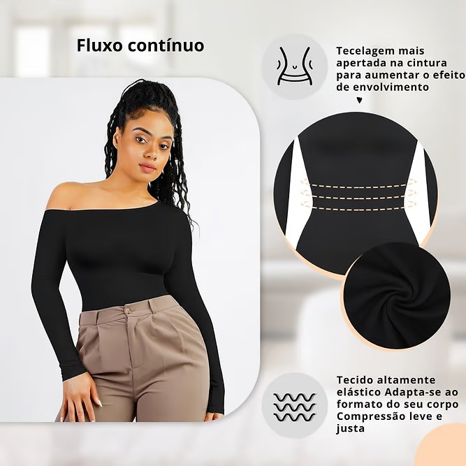 Miniatura: Body Casual Feminino de Manga Longa com Decote Diagonal