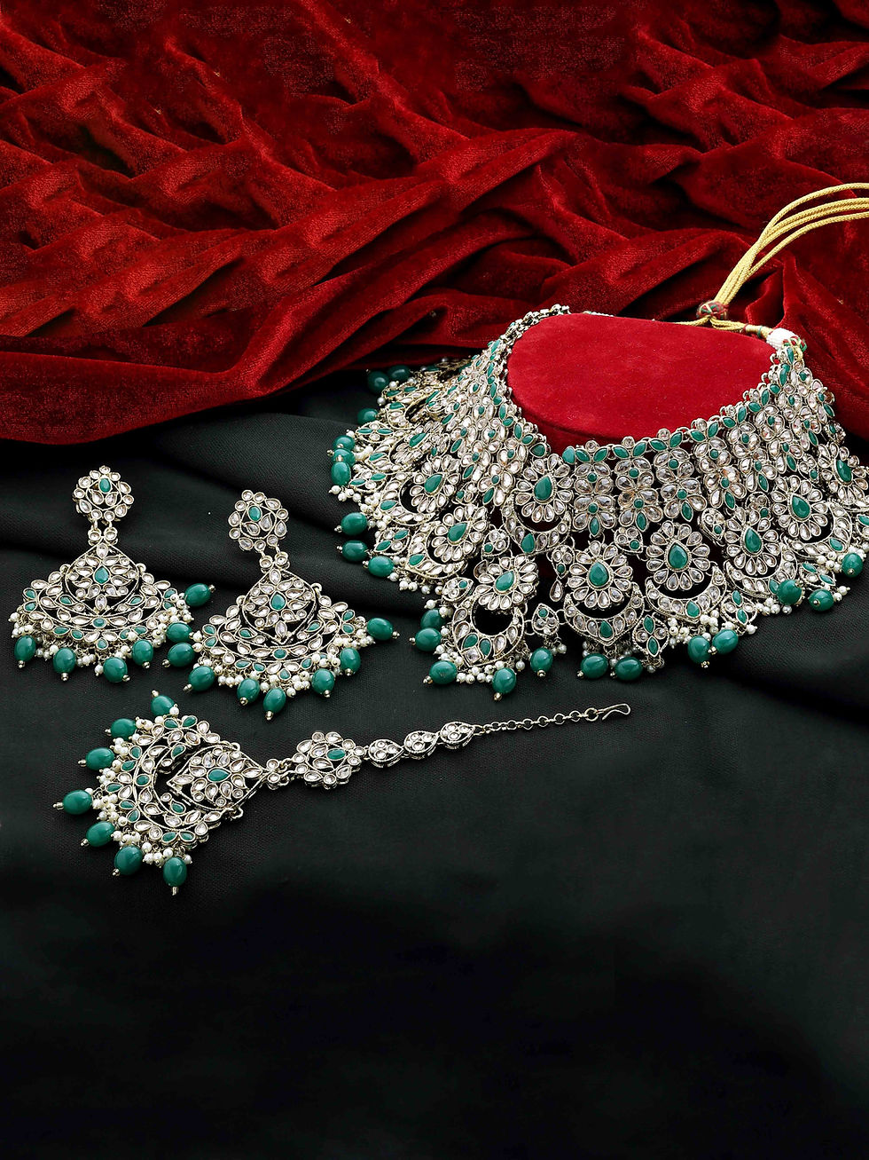الصورة المصغرة: Reverse AD Choker Set | Mehandi plated | Chandbali Necklace Set | AD Necklace Se