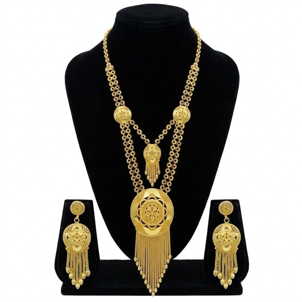 Long Forming Necklace | 14K 18K 24K Micron Gold African Bridal Long Necklace Set