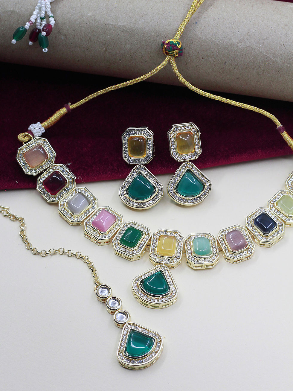 Thumbnail: Kundan Necklace | Square Choker Set | Stone Necklace Set | Kundan Choker N