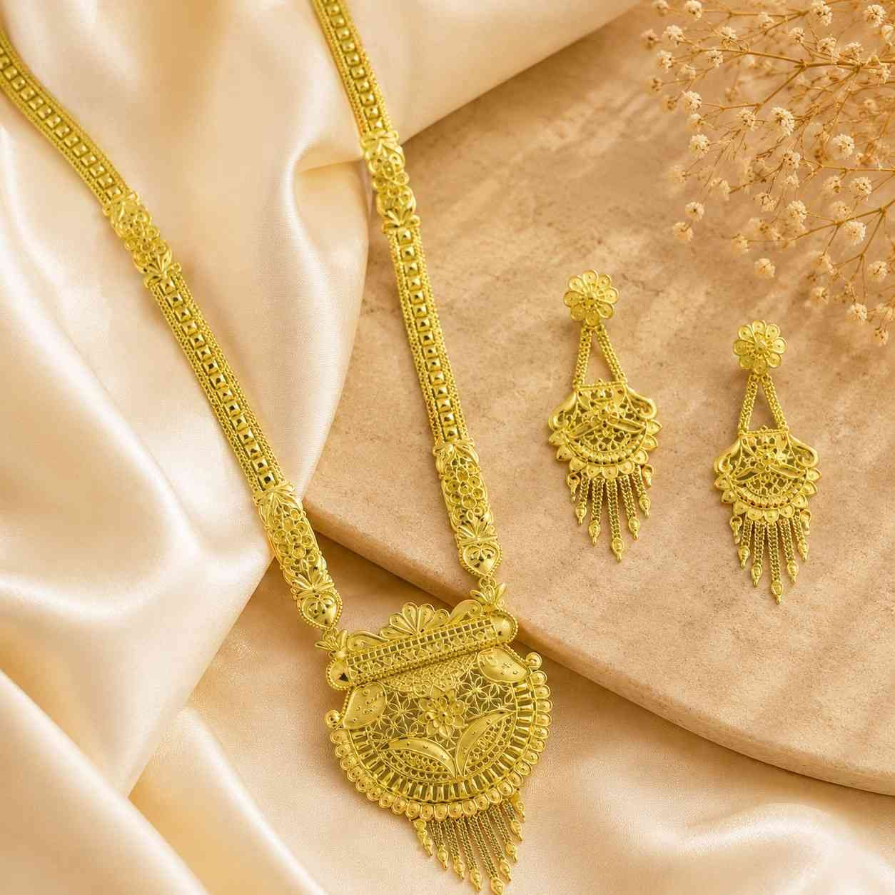 Long Forming Necklace | 14K18K24K Micron Gold Traditional Long Bridal Jewellery