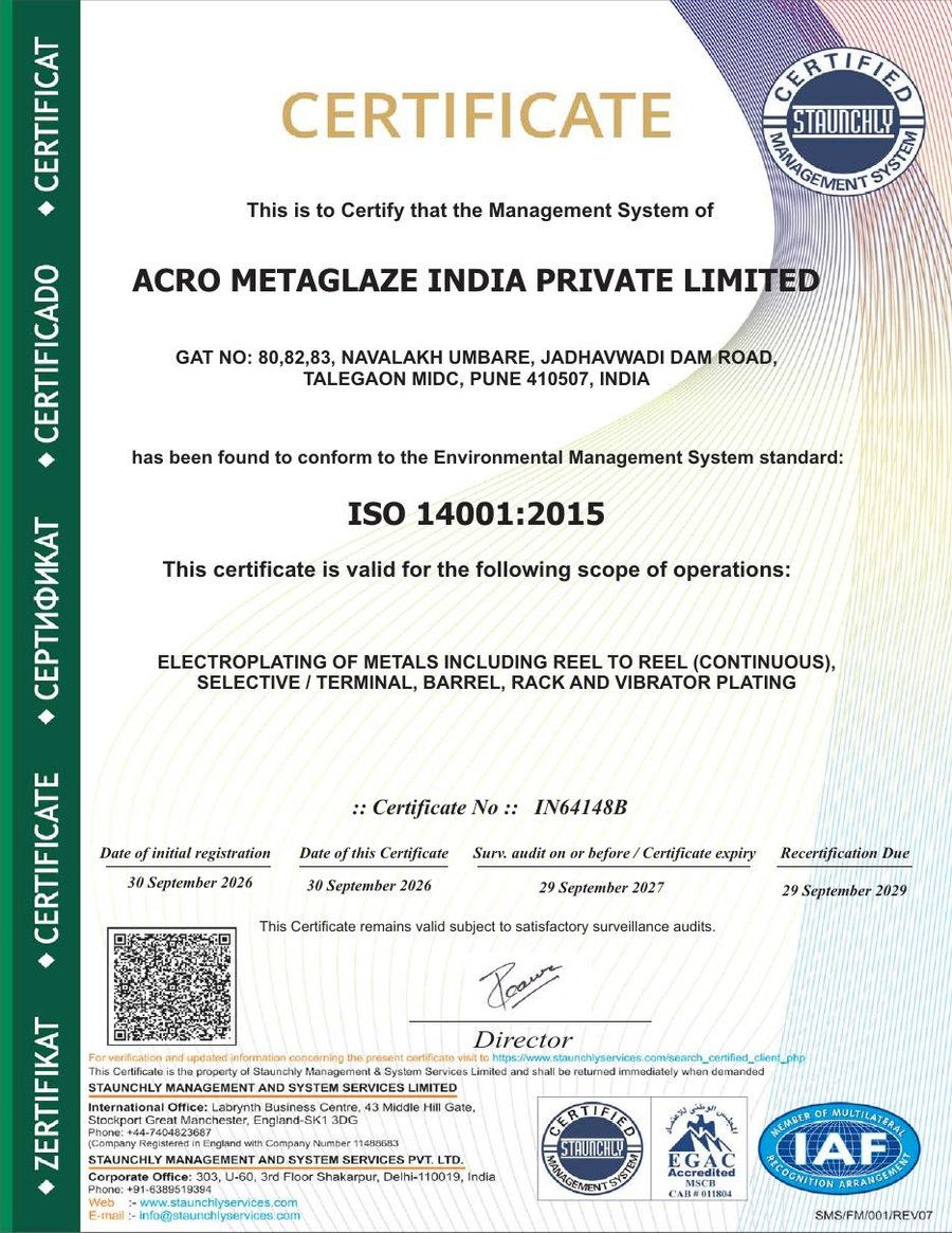 Acro Metaglaze ISO 14001:2015 certificate IN64148B